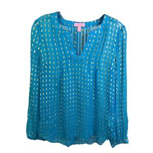 Lilly Pulitzer Women's Tunic Top Colby Silk Clip Metallic Sheer Blouse Blue XS‎